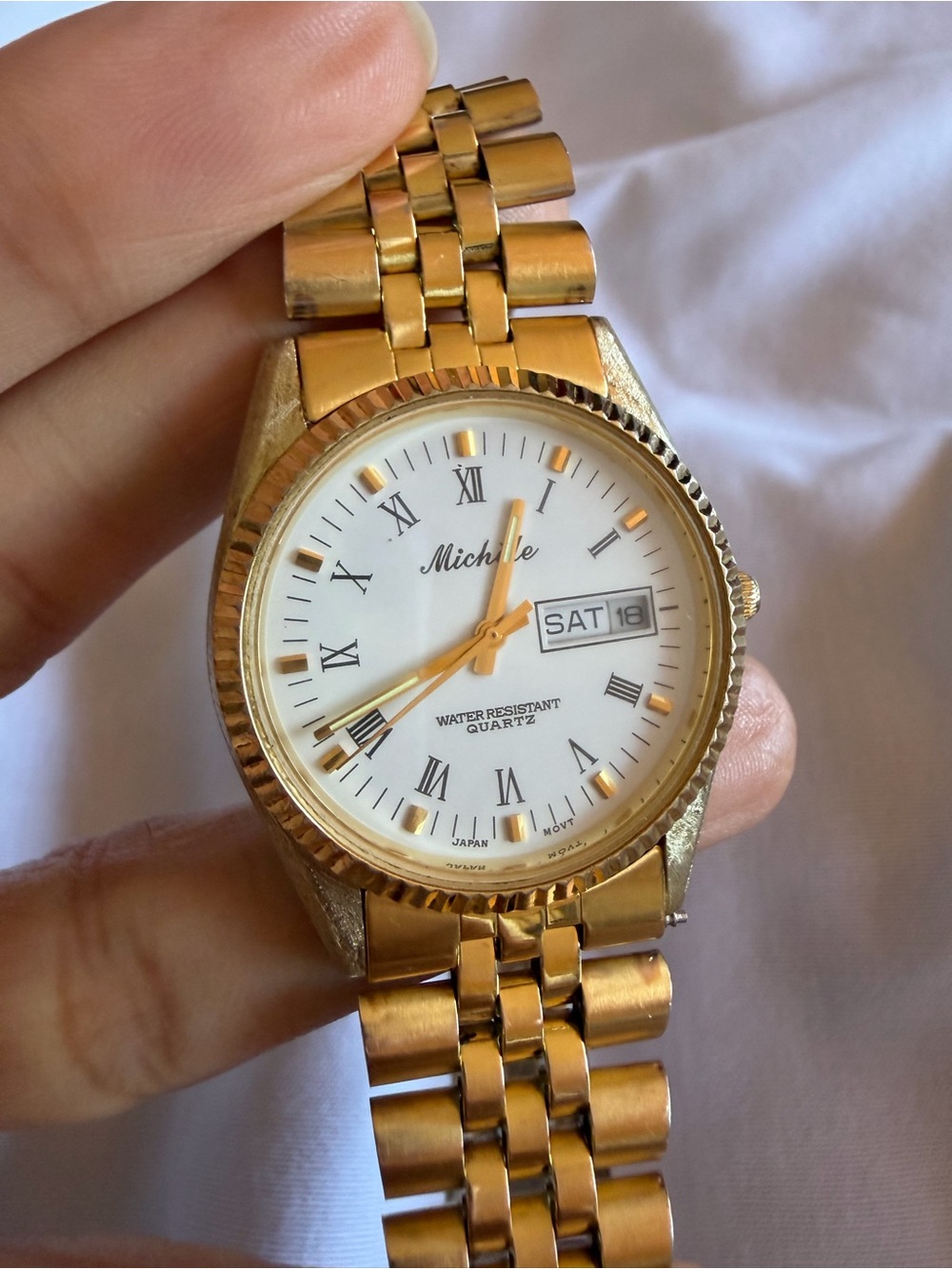 Vintage Michele 33mm Gold Tone Quartz Day Date Watch White Roman Dial - Picture 4 of 15